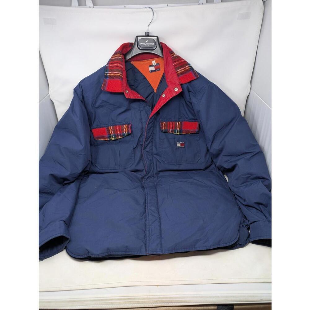 Vintage Tommy Hilfiger Striped Down Puffer Hooded Jacket 90s Mens M Red Blue